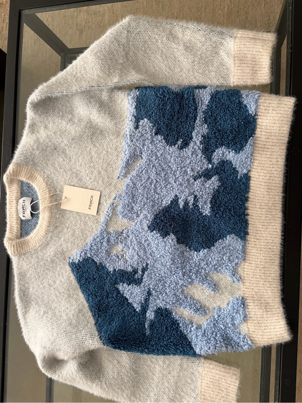FRNCH Cream and Blue Textured Crewneck Sweater